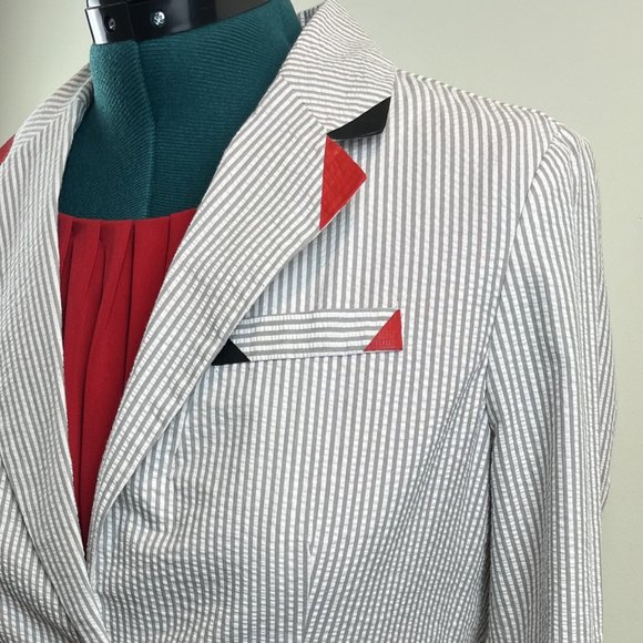 Cream & Gray Striped Seer Sucker Jacket Customized with Black/Red Embellishment - Picture 5 of 9